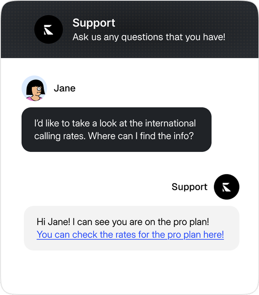 KalTalk support conversation: the agent answers Jane's pricing question with a plan-aware reply